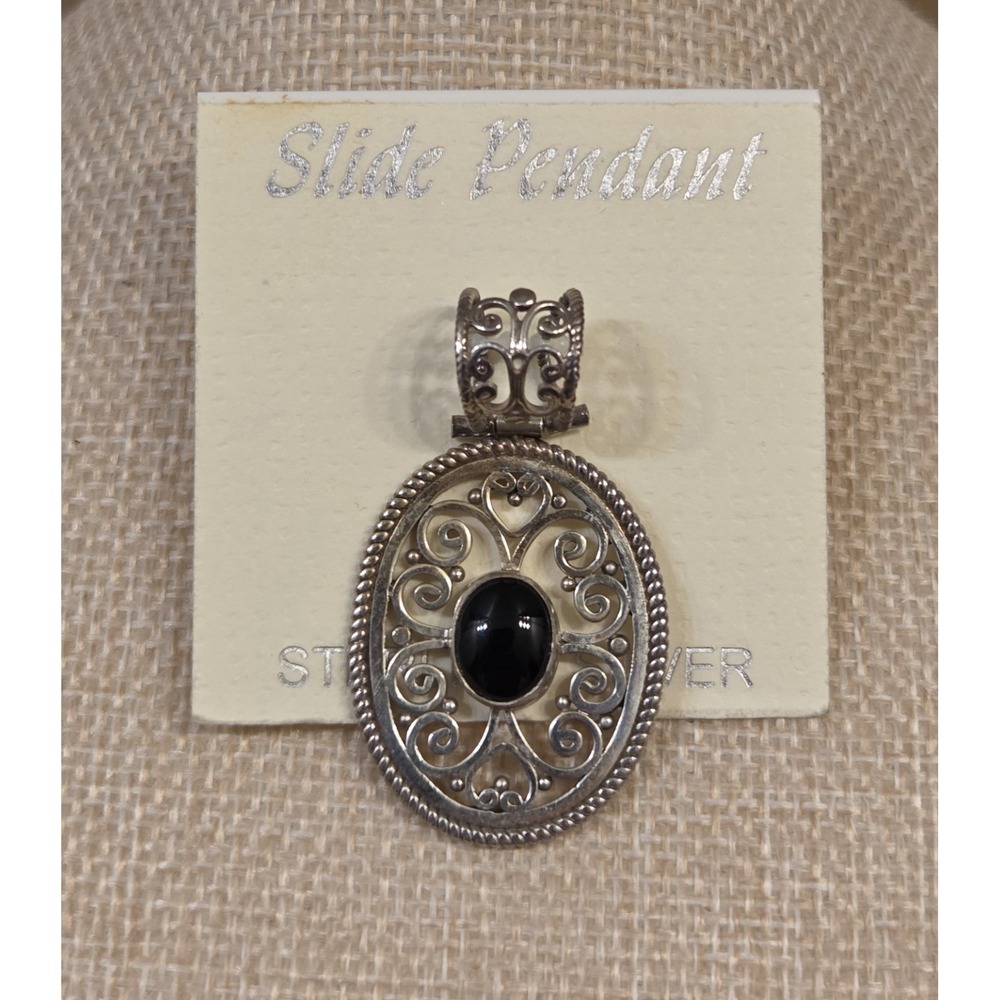 Vintage ATI Ornate Sterling Silver & Black Onyx Oval Slide Pendant